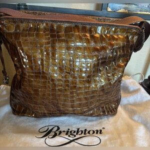 Brighton Croc-Embossed Shoulder Bag in Brown Patent leather